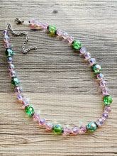 Load image into Gallery viewer, Green &amp; Pink Sparkle Jewel Statement Necklace, Chunky 1 Strand Jewelry, silver layering long bib beaded necklace thin collar bead lime