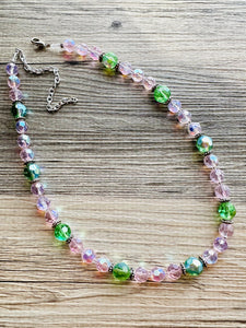 Green & Pink Sparkle Jewel Statement Necklace, Chunky 1 Strand Jewelry, silver layering long bib beaded necklace thin collar bead lime