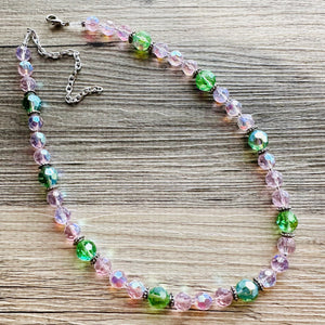 Green & Pink Sparkle Jewel Statement Necklace, Chunky 1 Strand Jewelry, silver layering long bib beaded necklace thin collar bead lime