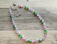 Load image into Gallery viewer, Green &amp; Pink Sparkle Jewel Statement Necklace, Chunky 1 Strand Jewelry, silver layering long bib beaded necklace thin collar bead lime