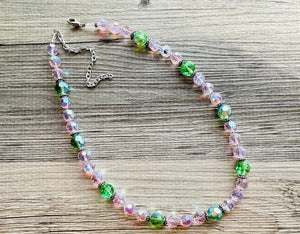 Green & Pink Sparkle Jewel Statement Necklace, Chunky 1 Strand Jewelry, silver layering long bib beaded necklace thin collar bead lime