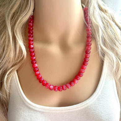 Iced Cherry Shimmer Single Strand Beaded Statement Necklace beaded layer, red bridesmaid jewelry layering glitter silver neutral