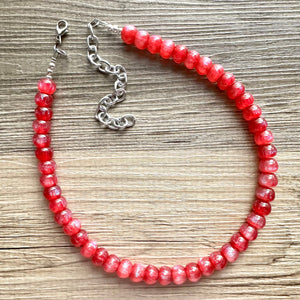 Iced Cherry Shimmer Single Strand Beaded Statement Necklace beaded layer, red bridesmaid jewelry layering glitter silver neutral