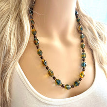 Load image into Gallery viewer, Green Olive Sparkle Jewel Statement Necklace, Chunky 1 Strand Jewelry, fall necklace layering bib beaded thin collar rhinestone glass brown