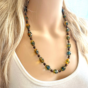 Green Olive Sparkle Jewel Statement Necklace, Chunky 1 Strand Jewelry, fall necklace layering bib beaded thin collar rhinestone glass brown