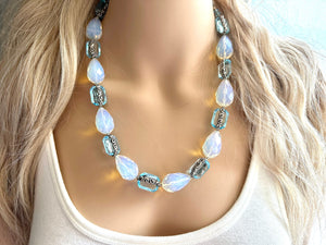 Light Blue Sparkle Jewel Statement Necklace, Chunky 1 Strand Jewelry, layering bib beaded thin collar rhinestone glass silver