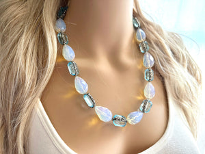 Light Blue Sparkle Jewel Statement Necklace, Chunky 1 Strand Jewelry, layering bib beaded thin collar rhinestone glass silver