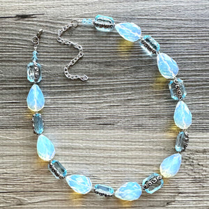 Light Blue Sparkle Jewel Statement Necklace, Chunky 1 Strand Jewelry, layering bib beaded thin collar rhinestone glass silver