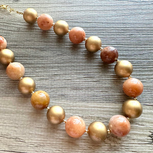 Natural carnelian Beaded 1 strand Statement Necklace, Chunky Bib Single Jewelry Light orange stone jewelry, gemstone layering red cream gold