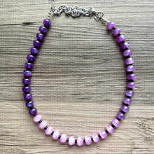 Load image into Gallery viewer, Purple Shimmer Single Strand Beaded Statement Necklace, purple beaded necklace, purple bridesmaid jewelry layering glitter silver resin