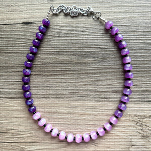 Purple Shimmer Single Strand Beaded Statement Necklace, purple beaded necklace, purple bridesmaid jewelry layering glitter silver resin