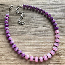 Load image into Gallery viewer, Purple Shimmer Single Strand Beaded Statement Necklace, purple beaded necklace, purple bridesmaid jewelry layering glitter silver resin