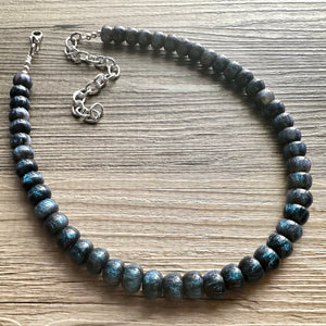 Galaxy Gray Shimmer Single Strand Beaded Statement Necklace beaded layer, blue bridesmaid jewelry layering glitter silver neutral gray