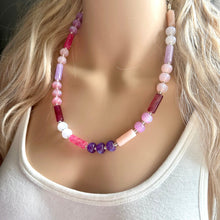 Load image into Gallery viewer, Tropical Honeymoon Shimmer Single Strand Beaded Statement Necklace, beaded bridesmaid jewelry layering glitter pink resin white blush purple