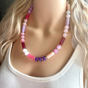 Tropical Honeymoon Shimmer Single Strand Beaded Statement Necklace, beaded bridesmaid jewelry layering glitter pink resin white blush purple