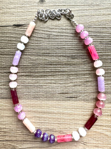 Tropical Honeymoon Shimmer Single Strand Beaded Statement Necklace, beaded bridesmaid jewelry layering glitter pink resin white blush purple