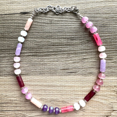 Tropical Honeymoon Shimmer Single Strand Beaded Statement Necklace, beaded bridesmaid jewelry layering glitter pink resin white blush purple