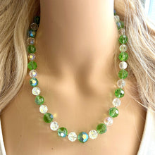 Load image into Gallery viewer, Green &amp; White Sparkle Jewel Statement Necklace, Chunky 1 Strand Jewelry, fall layering bib beaded thin collar rhinestone glass clear