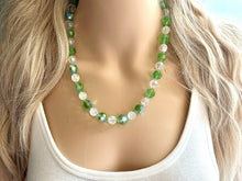 Load image into Gallery viewer, Green &amp; White Sparkle Jewel Statement Necklace, Chunky 1 Strand Jewelry, fall layering bib beaded thin collar rhinestone glass clear