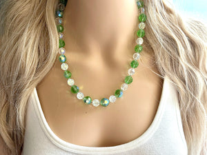 Green & White Sparkle Jewel Statement Necklace, Chunky 1 Strand Jewelry, fall layering bib beaded thin collar rhinestone glass clear