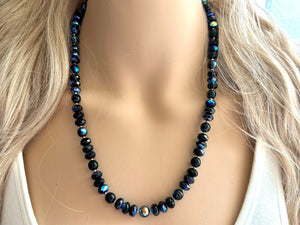 Neutral Black Jewel Statement Necklace, Chunky 1 Strand Jewelry, black layering long bib beaded thin collar bead rhinestone