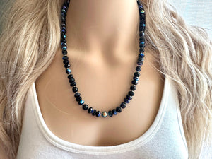 Neutral Black Jewel Statement Necklace, Chunky 1 Strand Jewelry, black layering long bib beaded thin collar bead rhinestone