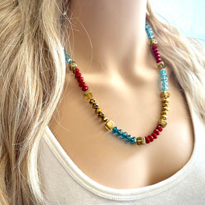 Red Sparkle Jewel Statement Necklace, Chunky 1 Strand Jewelry, gold layering long bib beaded thin collar bead turquoise blue maroon