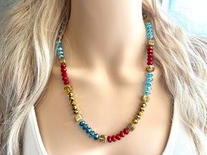 Red Sparkle Jewel Statement Necklace, Chunky 1 Strand Jewelry, gold layering long bib beaded thin collar bead turquoise blue maroon