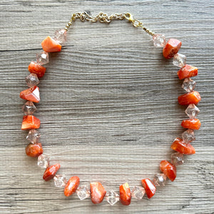 Natural carnelian Beaded 1 strand Statement Necklace, Chunky Bib Single Jewelry Light orange stone jewelry, gemstone layering red cream gold