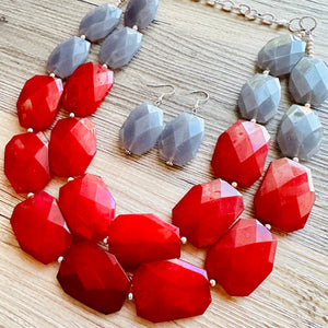 Fall Statement Necklace, Maroon & Gray Necklace, Multi Strand Statement Necklace, fall colors necklace, chunky bib red and gray