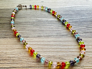 Rainbow Sparkle Jewel Statement Necklace, Chunky 1 Strand Jewelry, gold layering long bib beaded thin collar bead navy champagne green