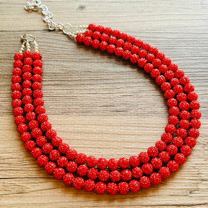 Royal Red Necklace, Red Holiday Jewelry, bright red Jewelry Beaded Christmas Present silver ornament 3 strand rhinestone glass clay necklace