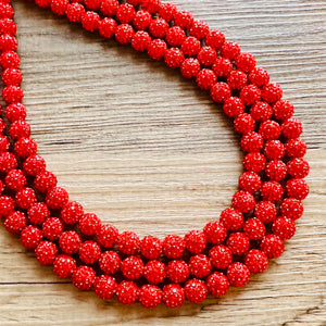 Royal Red Necklace, Red Holiday Jewelry, bright red Jewelry Beaded Christmas Present silver ornament 3 strand rhinestone glass clay necklace