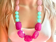 Load image into Gallery viewer, Long Blush Pink Magenta &amp; Mint Big Bead Necklace, Double Strand Statement Jewelry, magenta blush mint green Chunky bib, bridesmaid everyday