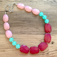 Load image into Gallery viewer, Long Blush Pink Magenta &amp; Mint Big Bead Necklace, Double Strand Statement Jewelry, magenta blush mint green Chunky bib, bridesmaid everyday