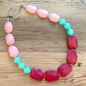 Long Blush Pink Magenta & Mint Big Bead Necklace, Double Strand Statement Jewelry, magenta blush mint green Chunky bib, bridesmaid everyday