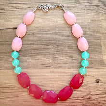 Load image into Gallery viewer, Long Blush Pink Magenta &amp; Mint Big Bead Necklace, Double Strand Statement Jewelry, magenta blush mint green Chunky bib, bridesmaid everyday