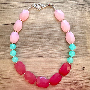 Long Blush Pink Magenta & Mint Big Bead Necklace, Double Strand Statement Jewelry, magenta blush mint green Chunky bib, bridesmaid everyday