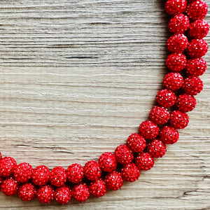 Royal Red Necklace, Red Holiday Jewelry, bright red Jewelry Beaded Christmas Present silver ornament 2 strand rhinestone glass clay necklace