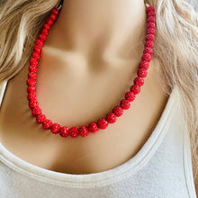 Load image into Gallery viewer, Royal Red Necklace, Red Holiday Jewelry, bright red Jewelry Beaded Christmas Present silver ornament 1 strand rhinestone glass clay necklace