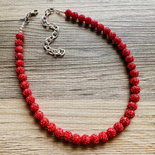 Load image into Gallery viewer, Royal Red Necklace, Red Holiday Jewelry, bright red Jewelry Beaded Christmas Present silver ornament 1 strand rhinestone glass clay necklace