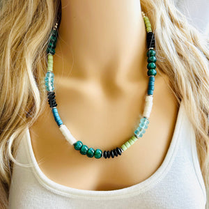 Tropical Everglades Shimmer Single Strand Beaded Statement Necklace, beaded bridesmaid jewelry layering glitter resin white blue green black