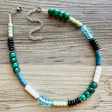 Load image into Gallery viewer, Tropical Everglades Shimmer Single Strand Beaded Statement Necklace, beaded bridesmaid jewelry layering glitter resin white blue green black