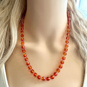 Orange Sparkle Jewel Statement Necklace, Chunky 1 Strand Jewelry, silver layering long bib beaded thin collar vintage bead gunmetal