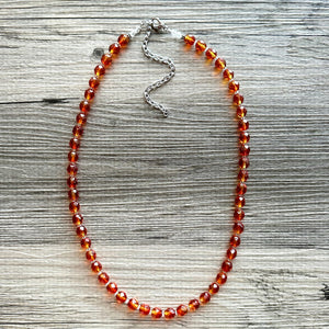 Orange Sparkle Jewel Statement Necklace, Chunky 1 Strand Jewelry, silver layering long bib beaded thin collar vintage bead gunmetal