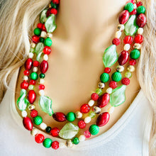 Load image into Gallery viewer, Christmas Jewelry Set, Red, Green, and BLING! Holiday Necklace Earrings Jewelry, Red Green Jewelry, Beaded Christmas Gift Present wreath