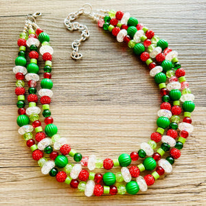 Christmas Cheer Necklace, Red & Green Holiday Jewelry, Christmas Jewelry, Gold silver Jewelry, Beaded Christmas Gift Present rhinestone