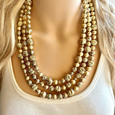 Golden Knot chunky statement necklace, big beaded jewelry, gifts for women bib jewelry Multi-Strand Nugget metallic gold painted mirror