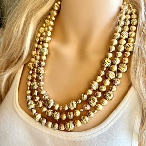 Golden Knot chunky statement necklace, big beaded jewelry, gifts for women bib jewelry Multi-Strand Nugget metallic gold painted mirror