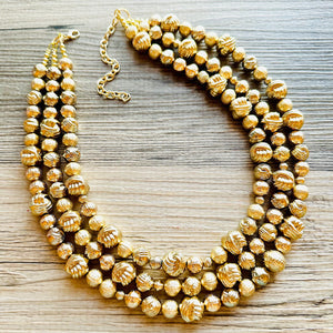 Golden Knot chunky statement necklace, big beaded jewelry, gifts for women bib jewelry Multi-Strand Nugget metallic gold painted mirror